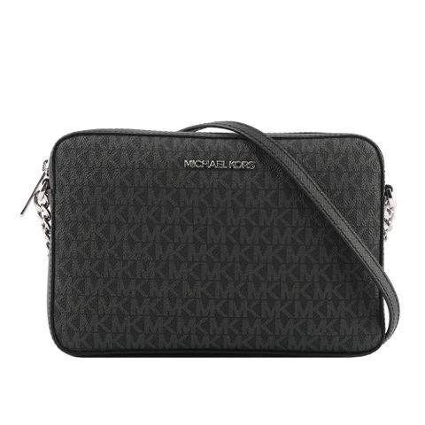 MICHAEL KORS 銀字滿版LOGO拚色方形鏈帶斜背包(黑色) 35F8STTC3B BLACK