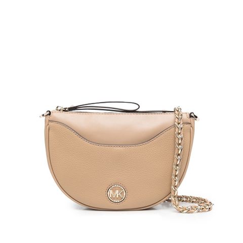 【Michael Kors】專櫃經典款 金屬LOGO荔枝紋牛皮翻蓋式斜背包(奶茶色)