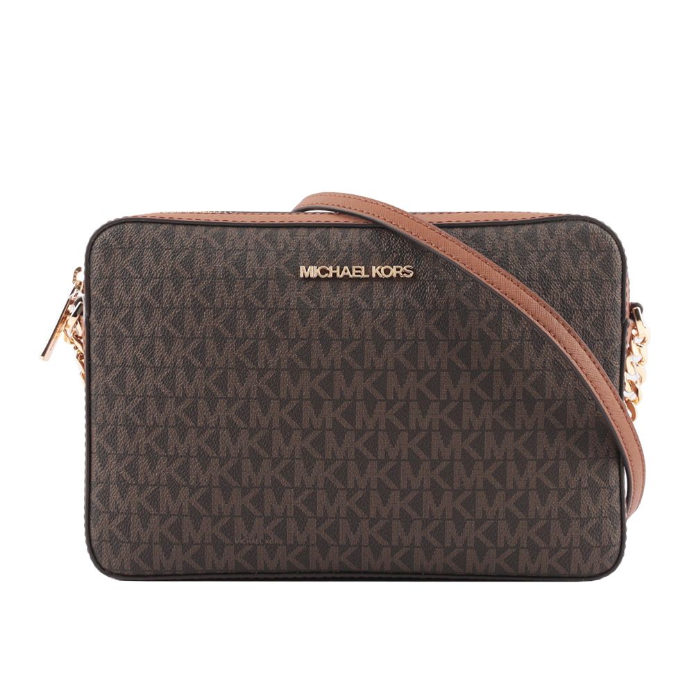 Michael Kors  金字滿版LOGO拚色方形鏈帶斜背包(咖啡色) 35F8GTTC3B BROWN