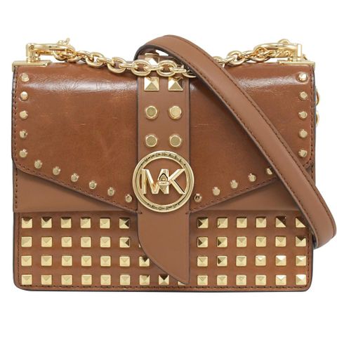 MICHAEL KORS Greenwich 金屬轉釦鉚釘造型鍊帶斜背包.咖