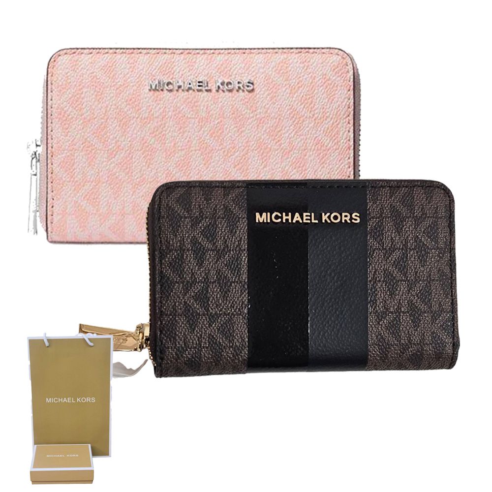 Michael Kors  滿版Logo型拉鏈零錢 卡包 淡粉色/包深咖啡色(贈原廠紙盒紙袋)