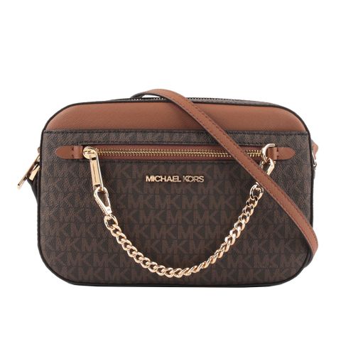 Michael Kors 金字滿版塗層帆布附鏈帶前口袋方包(咖啡色) 35S1GTTC9B BROWN