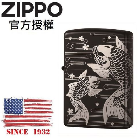 Zippo 【台灣總代理】Noborigoi 櫻花鯉魚(黑底銀)防風打火機