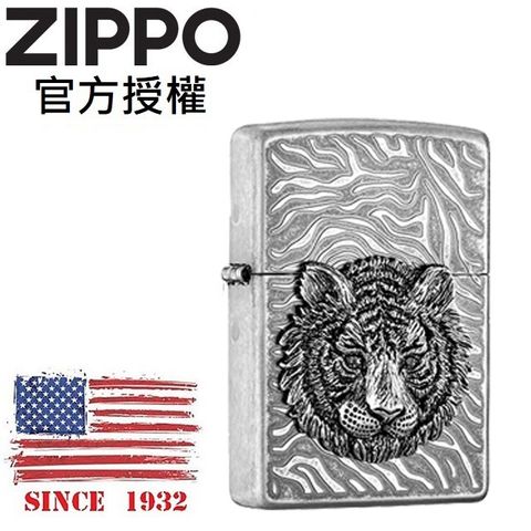 Zippo 【官方授權店】TIGER EYE EMBLEM 鑽眼灰銀之虎防風打火機