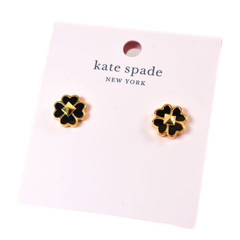 Kate Spade 琺瑯幸運草針式耳環-黑色