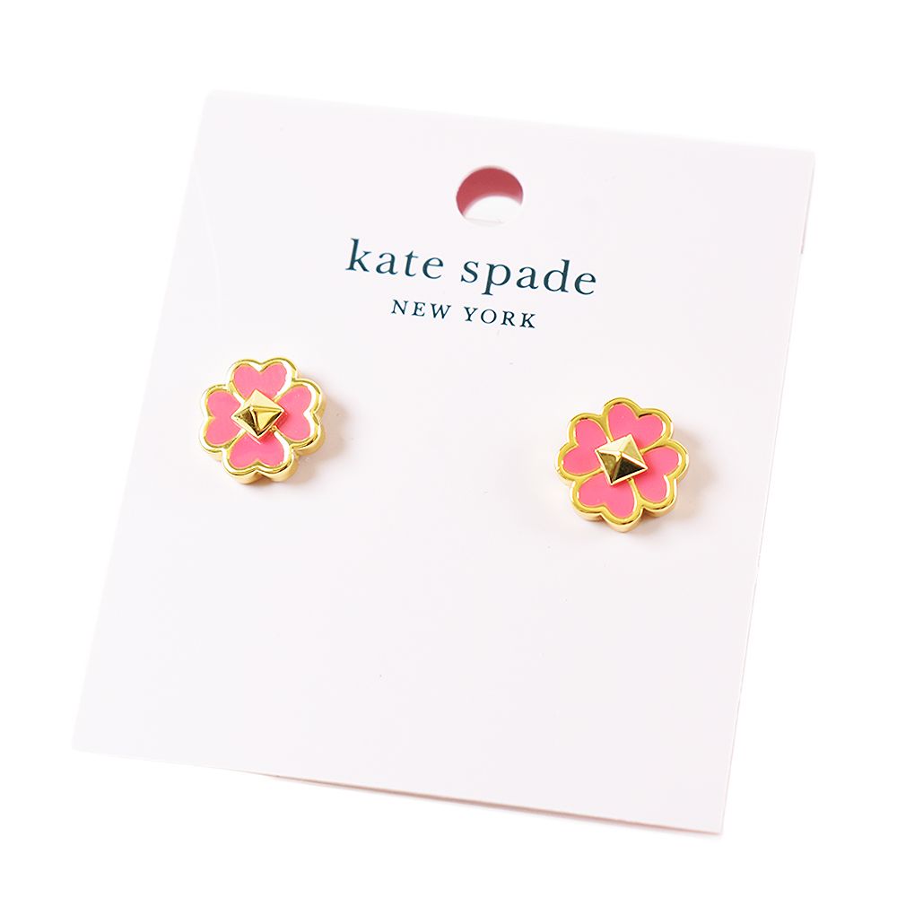 Kate Spade  琺瑯幸運草針式耳環-粉色