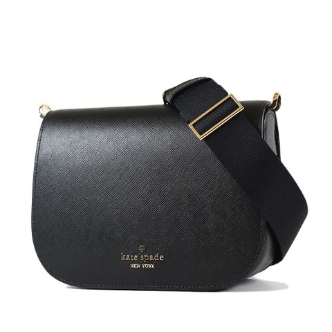 Kate Spade Madison 十字紋防刮翻蓋斜背馬鞍包-黑色