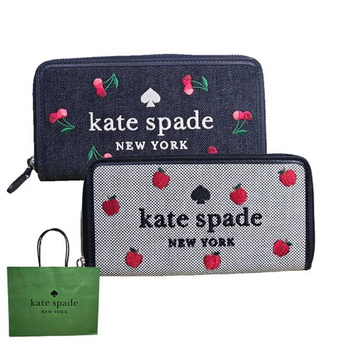 Kate Spade 刺繡LOGO字母水果系列12卡拉鏈長夾 多色可選(贈原廠紙袋)