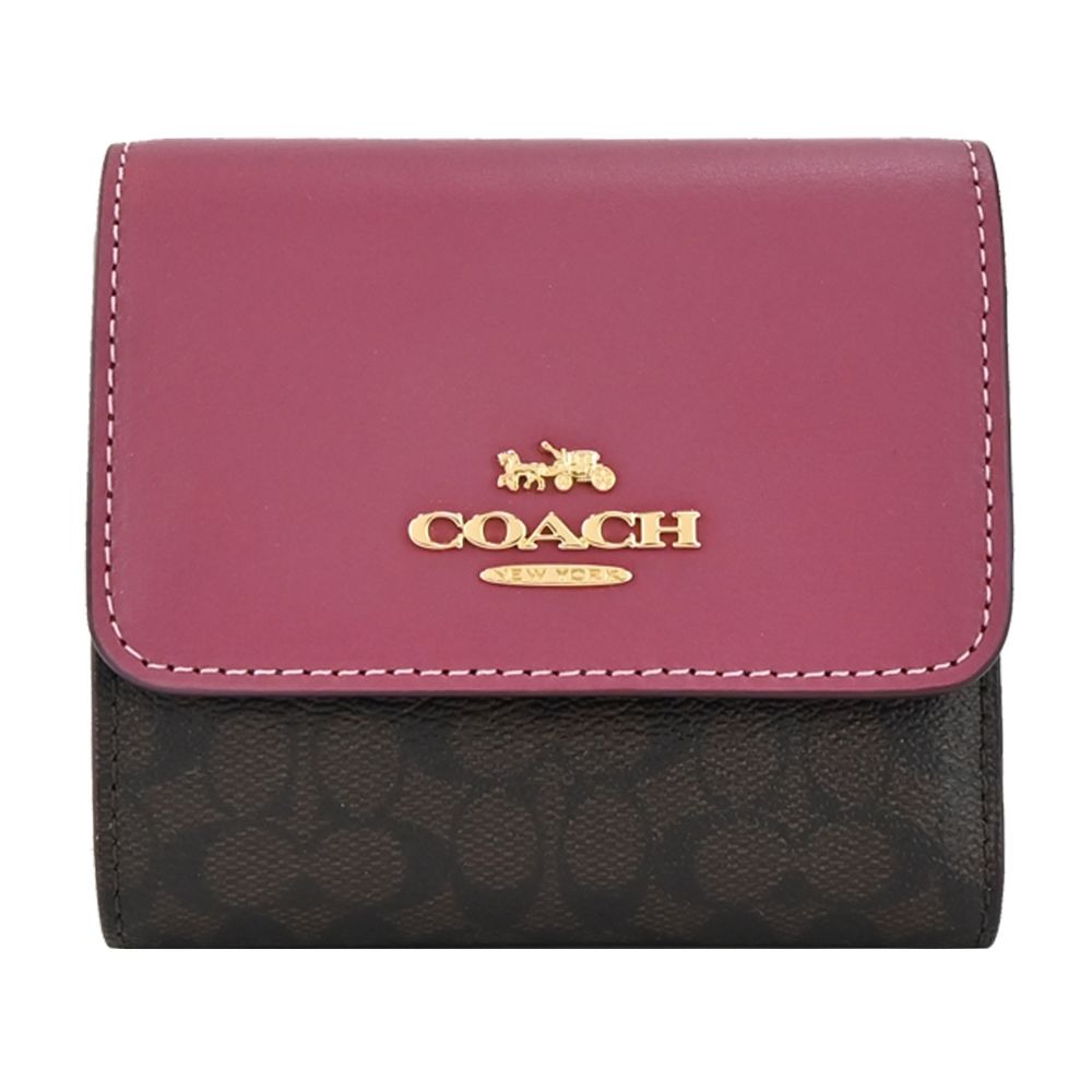  COACH 立體馬車LOGO 皮革拼接PVC三折短夾(咖啡x桃紫)