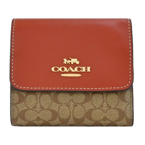 COACH 立體馬車LOGO 皮革拼接PVC三折短夾(卡其x棕)