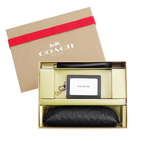 COACH 浮雕C皮革筆袋/頸掛票卡夾禮盒(黑)