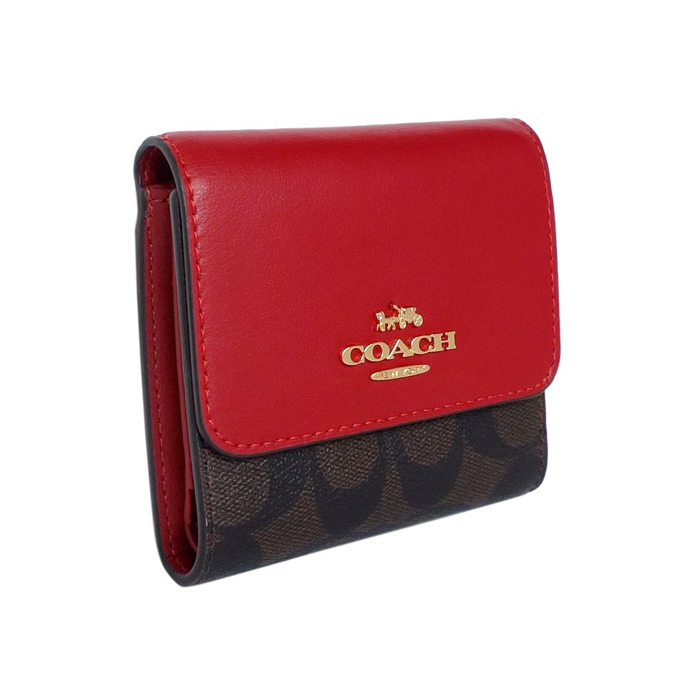 COACH 蔻馳 深咖C Logo紅邊真皮釦式三摺內拉鍊袋短夾