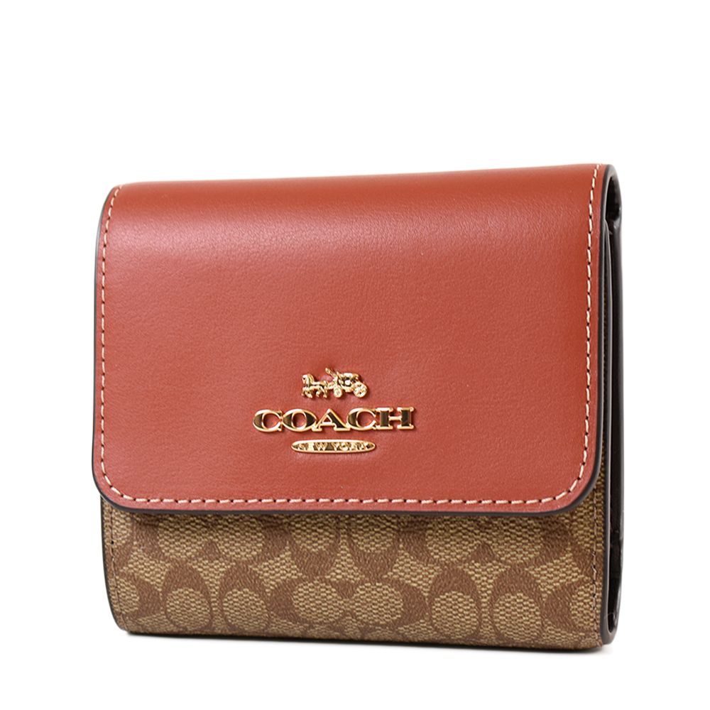 COACH 蔻馳  緹花小C LOGO防刮三折釦式短夾-棕紅
