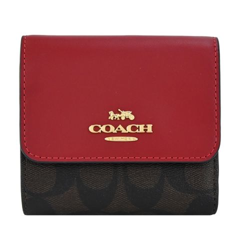 COACH 立體馬車LOGO 皮革拼接PVC三折短夾(咖啡x復古紅)