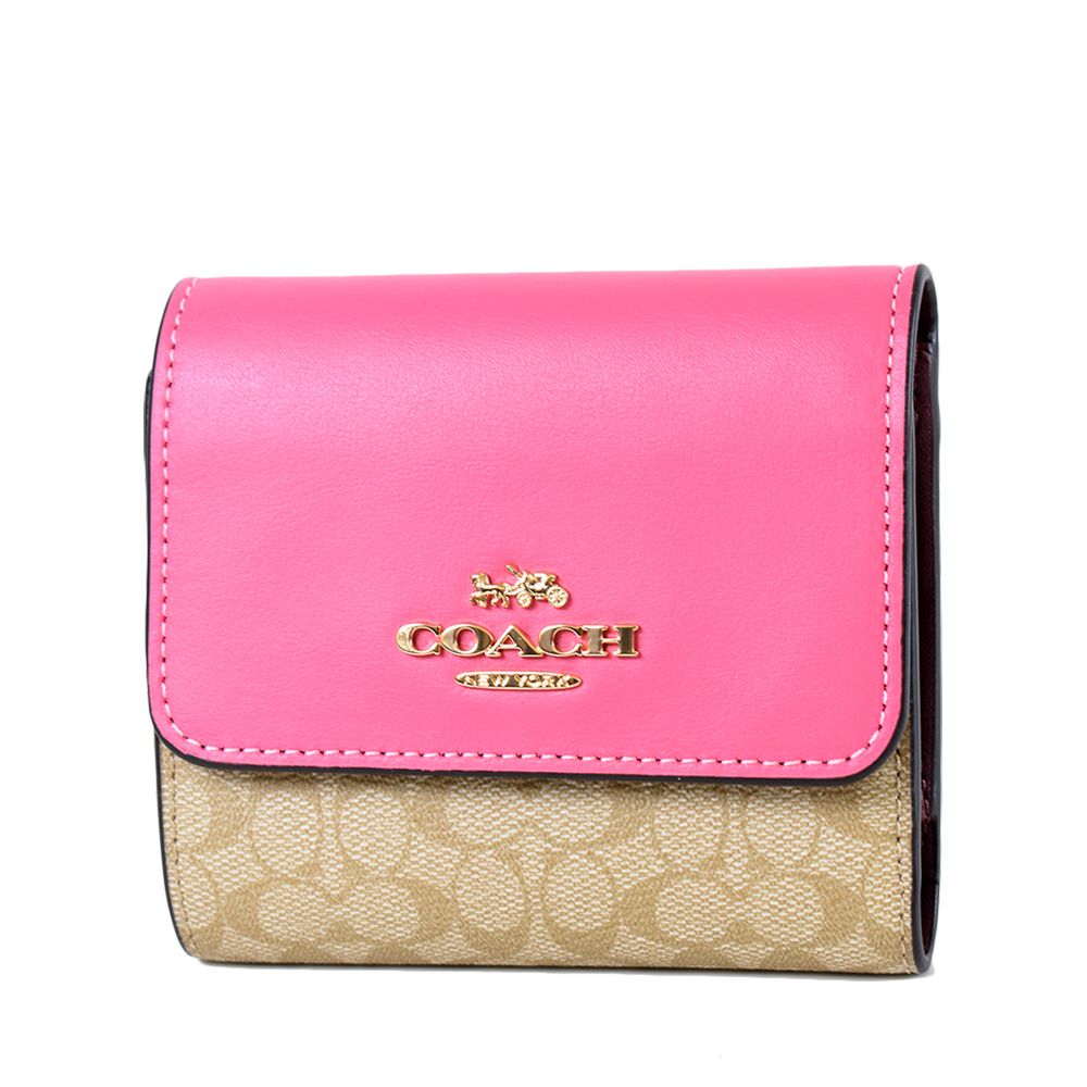 COACH 蔻馳  緹花小C LOGO防刮三折釦式短夾-緋紅