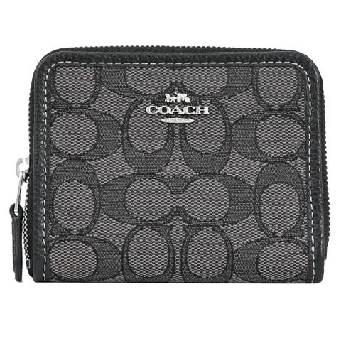 COACH CH389 經典緹花布拼接拉鍊短夾.黑灰