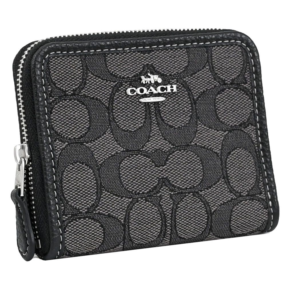 COACH 蔻馳  經典緹花布拼接拉鍊短夾.黑灰