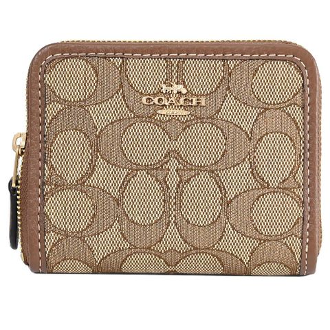 COACH CH389 經典緹花布拼接拉鍊短夾.咖邊