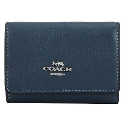 COACH 蔻馳 【福利品】 金屬C LOGO荔枝皮革三折零錢短夾.丹寧藍