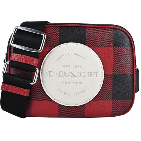COACH 壓印LOGO蘇格蘭紋印花斜背包(迷你/黑X紅)