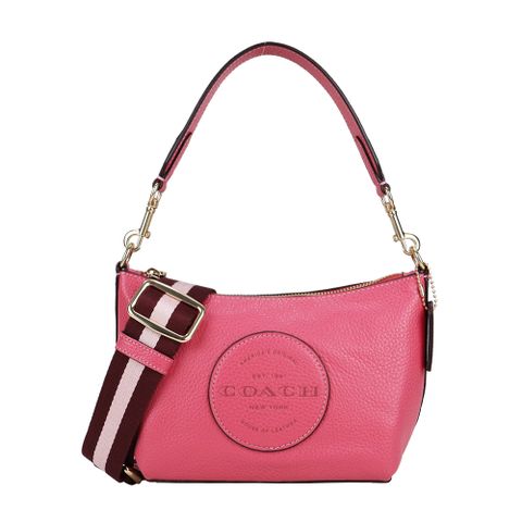 COACH 壓印LOGO皮革肩背斜背二用包(紫紅)