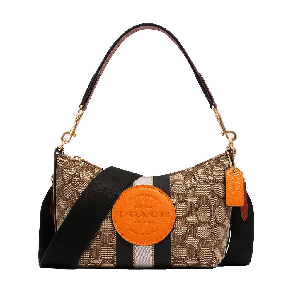 COACH 蔻馳  圓標LOGO撞色緹花織布肩背斜背二用包(卡其X橘黃)