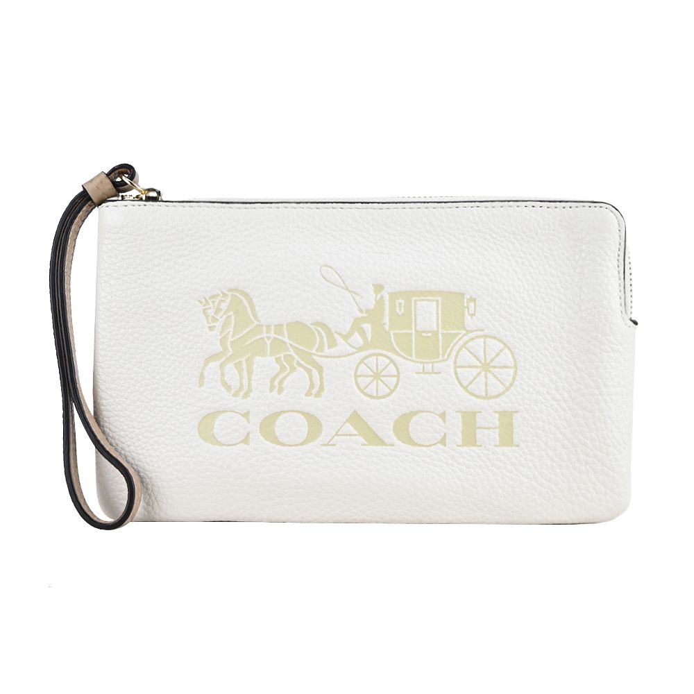 COACH 蔻馳  壓印馬車LOGO素面荔枝紋皮革手拿包(米白)