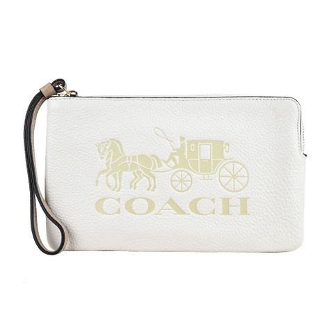 COACH 蔻馳 壓印馬車LOGO素面荔枝紋皮革手拿包(米白)