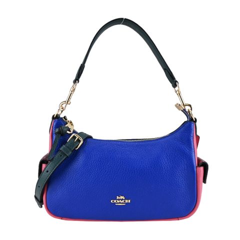 COACH 立體馬車LOGO撞色荔枝紋皮革肩背/斜背兩用包(藍)