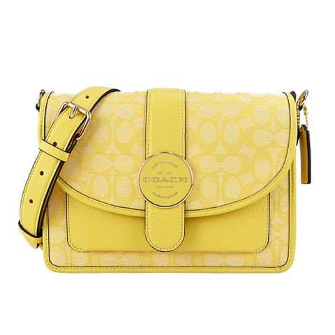 COACH 新款圓扣緹花C拼接皮革翻蓋斜背包(復古黃)