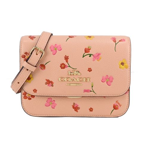 COACH 壓釦翻蓋花卉印花斜背包(粉膚)