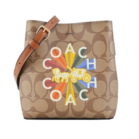 COACH 蔻馳 彩虹馬車LOGO印花PVC水桶包(迷你/卡其焦糖)