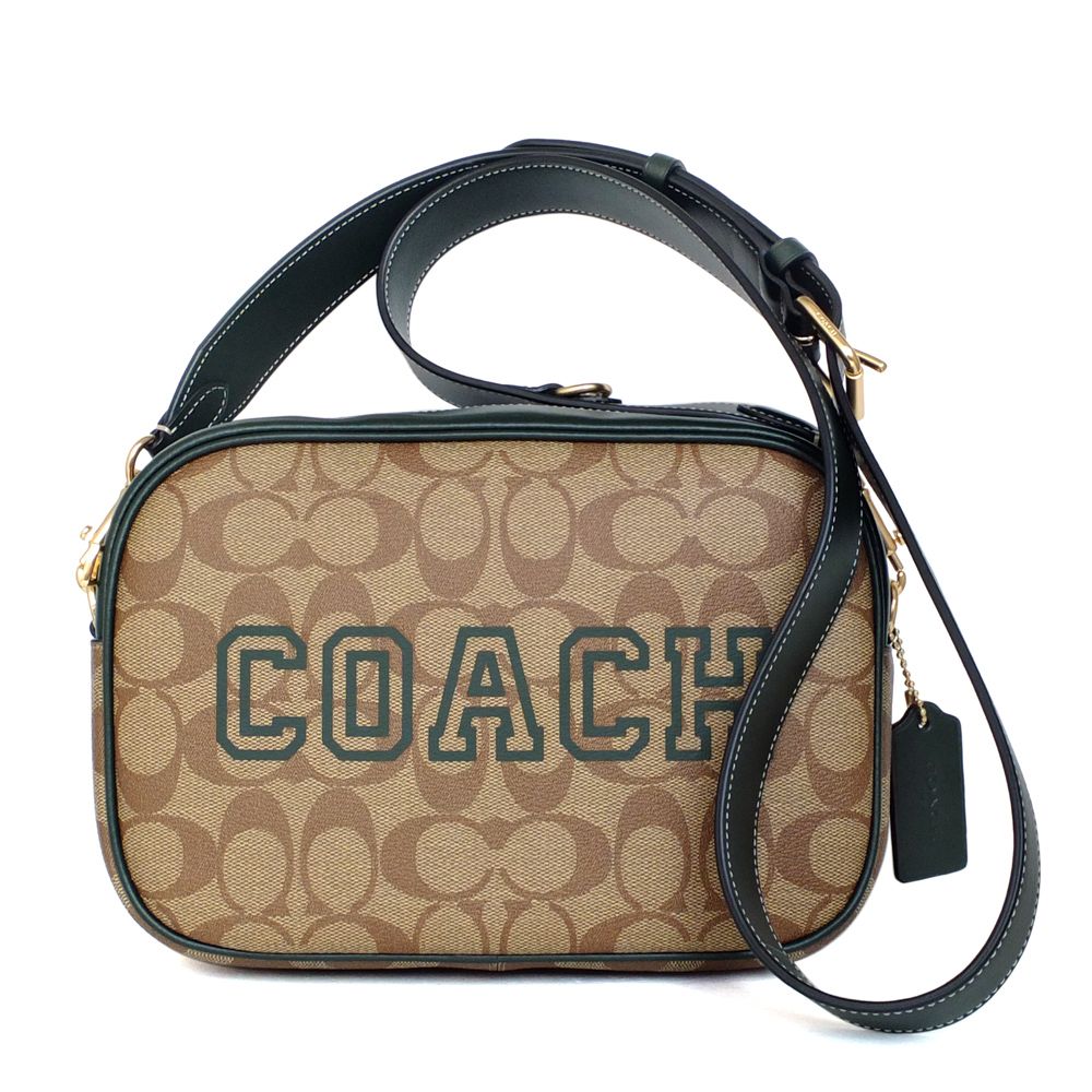 COACH 蔻馳 卡其C Logo綠邊雕刻字印中款斜背相機包