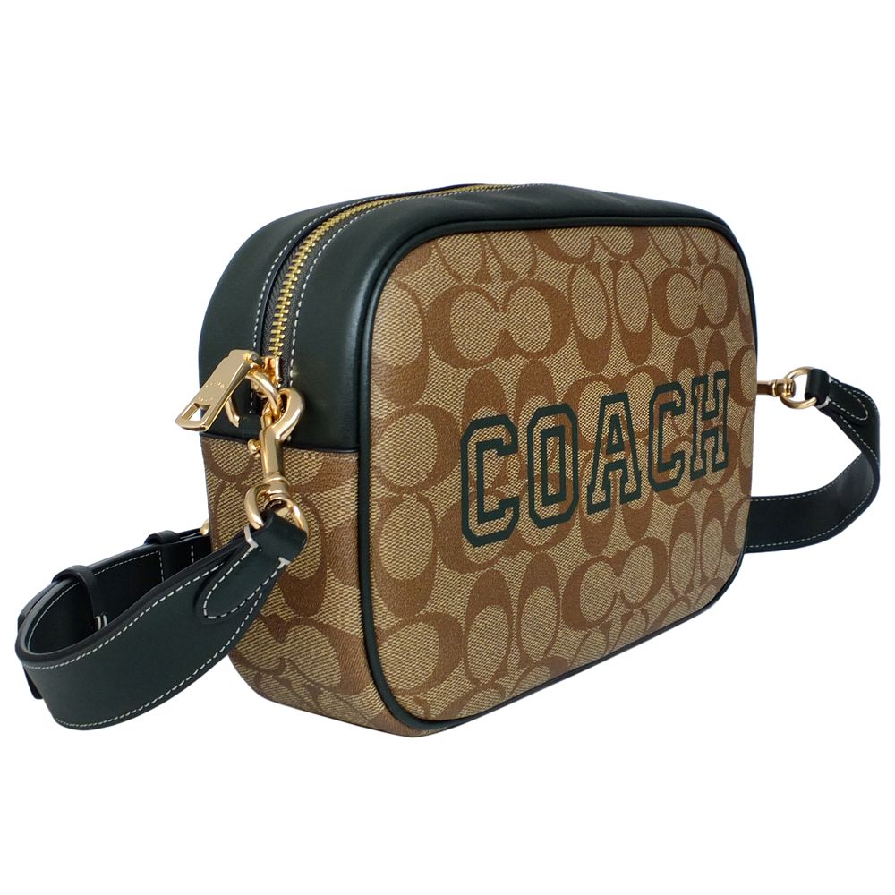 COACH 蔻馳 卡其C Logo綠邊雕刻字印中款斜背相機包