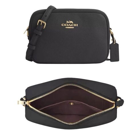 【COACH】金標LOGO荔枝皮革單層大相機包 斜背包-氣質黑