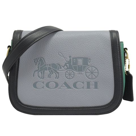 COACH 壓印馬車LOGO撞色翻蓋斜背馬鞍包.藍/綠