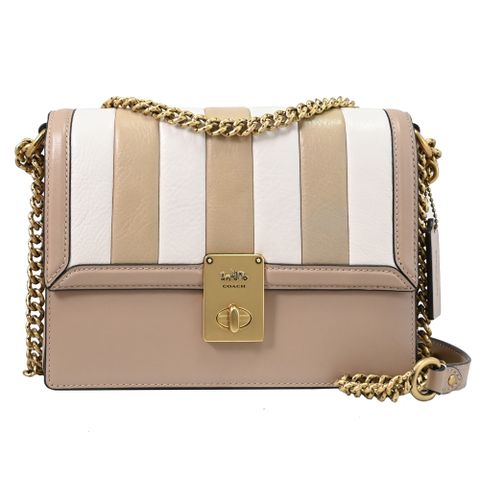 COACH 739 HUTTON 經典轉釦皮革斜背鍊包.褐/白