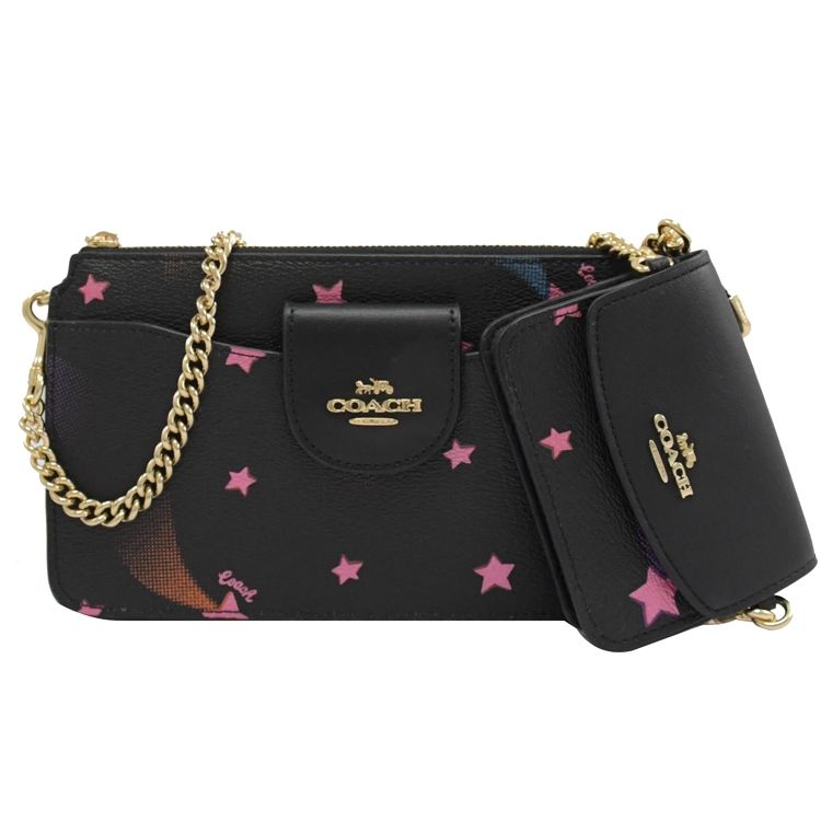 COACH 蔻馳  POPPY 金屬LOGO星形印花斜背鍊包.黑