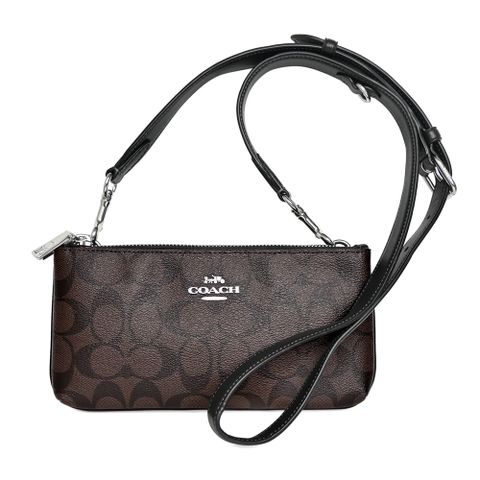 COACH 蔻馳 深咖C Logo黑邊橫式方型拉鍊雙層斜背隨身包