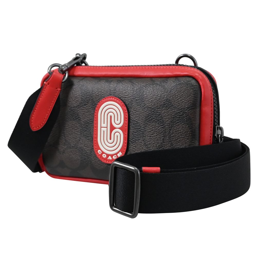COACH 蔻馳 經典C LOGO印花斜背手機包.深咖/紅