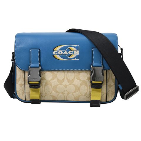 COACH CH118 壓印LOGO撞色印花翻蓋斜背包.卡其/藍