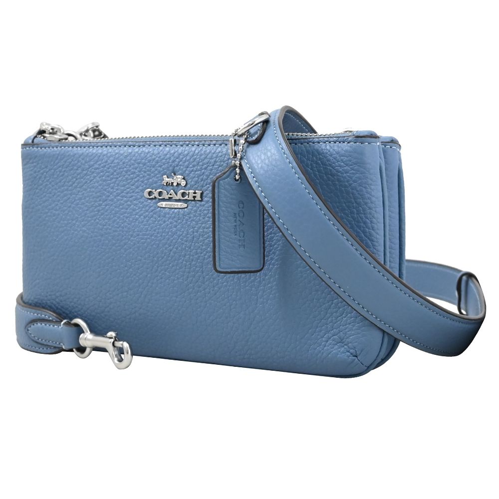 COACH 蔻馳 CJ789 馬車LOGO雙層拉鍊斜背包.淡藍