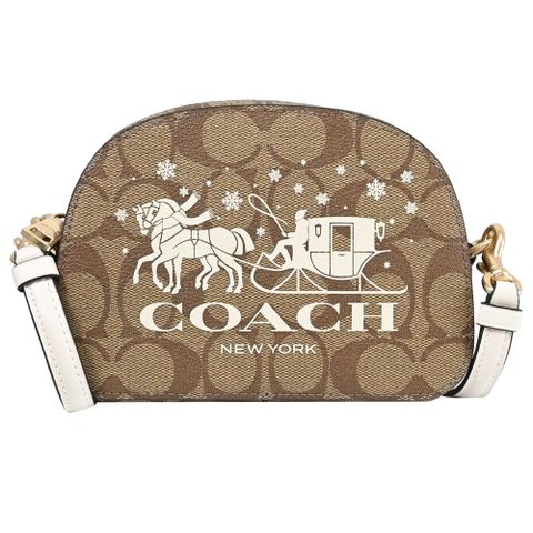 COACH 蔻馳 大馬車LOGO印花皮革迷你斜背包.駝/白