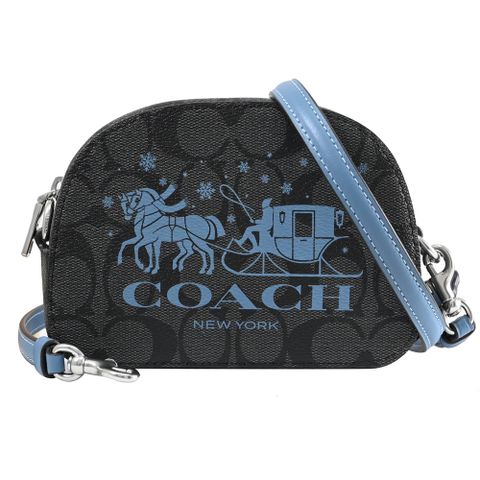 COACH 蔻馳 大馬車LOGO印花皮革迷你斜背包.黑灰/藍