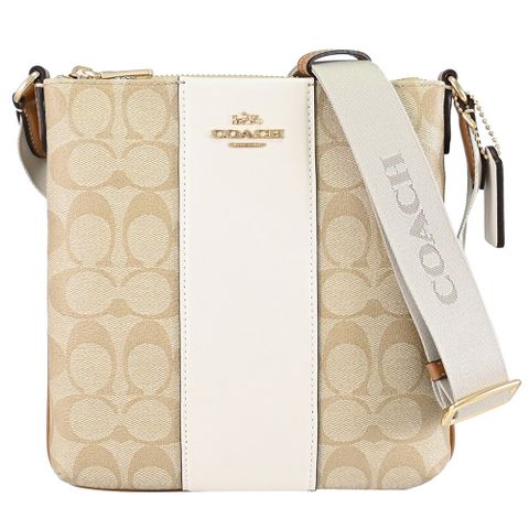 COACH CR248 Mini Rowan 經典印花皮革拼接拉鍊斜背包.卡其/白