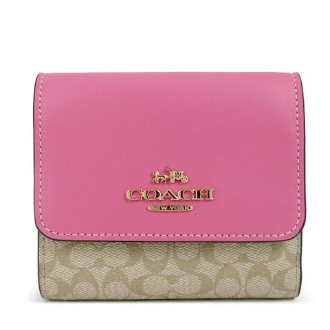 COACH 金色馬車Logo卡其色防刮X桃粉色皮革三折式壓扣短夾