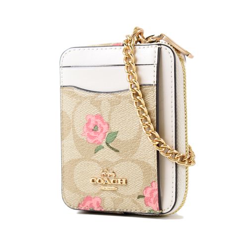 COACH 蔻馳 玫瑰緹花LOGO防刮鍊帶證件零錢包-白色