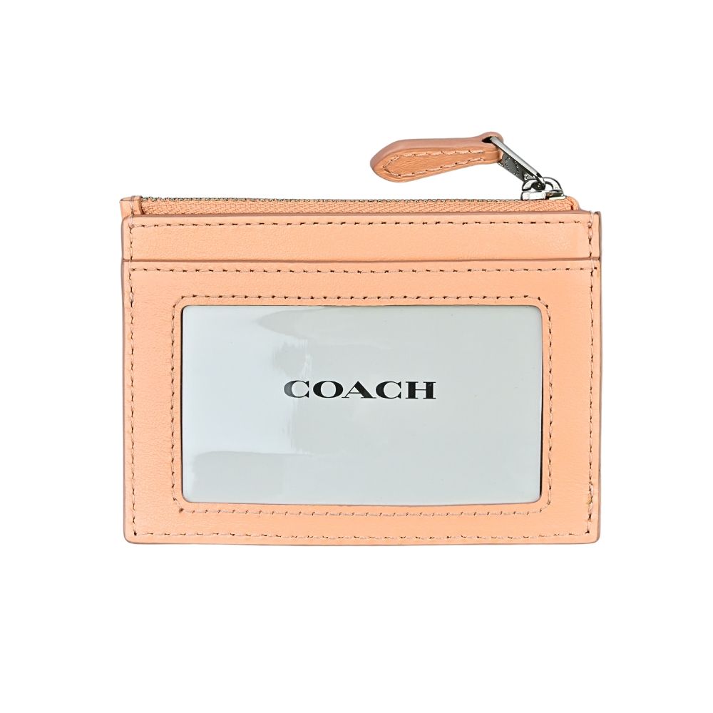 COACH 蔻馳 蜜桃橘C Logo緹花卡其底前卡夾鑰匙零錢包