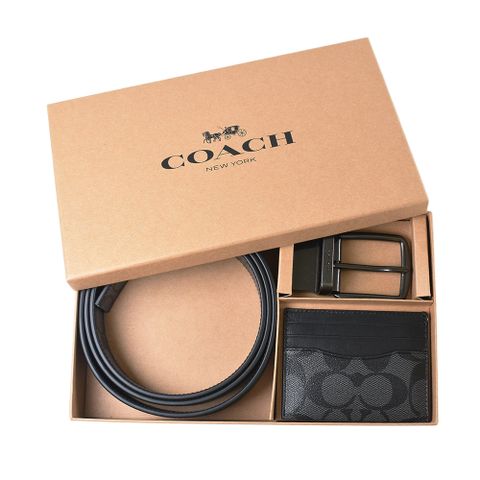 COACH 蔻馳 男款 緹花LOGO防刮雙面用寬版皮帶/名片夾禮盒組-黑色