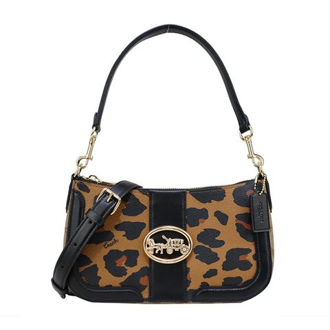 COACH 浮雕馬車LOGO豹紋拼接緹花手提/斜背兩用馬鞍包(卡其棕)